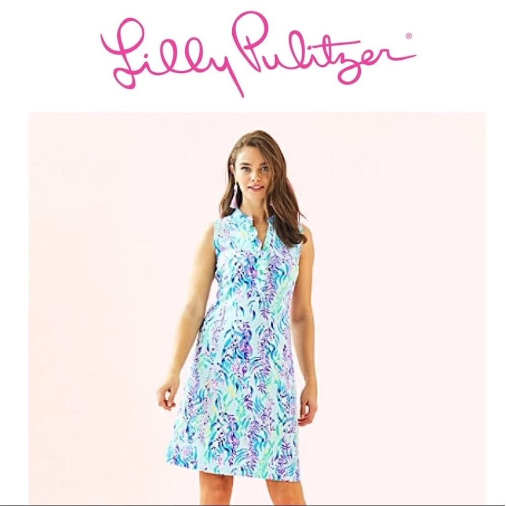 Lilly Pulitzer Sherryn Shift Dress XS Seahorse Ruffle Neck Blue Green Resortwear